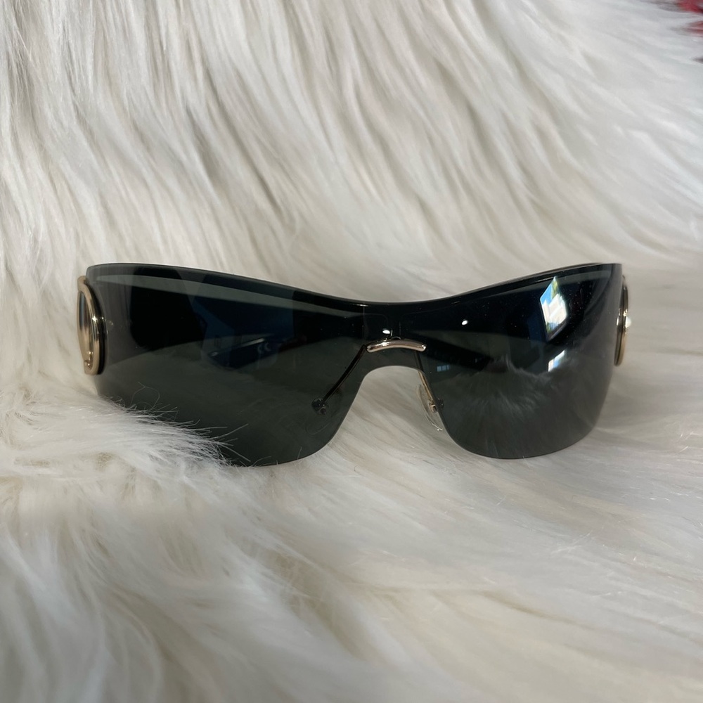 Gucci Black and Gold Rimless Visor Wrap Around Mirrored Sunglasses